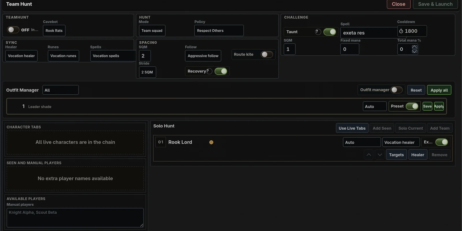 The Team Hunt panel: the shared route and party policy, the follow spacing and recovery controls, and the roster with each character's assigned healer.